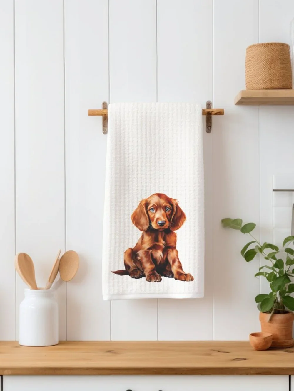 Irish Setter Puppy Waffle Weave Decorative Kitchen Tea Towel